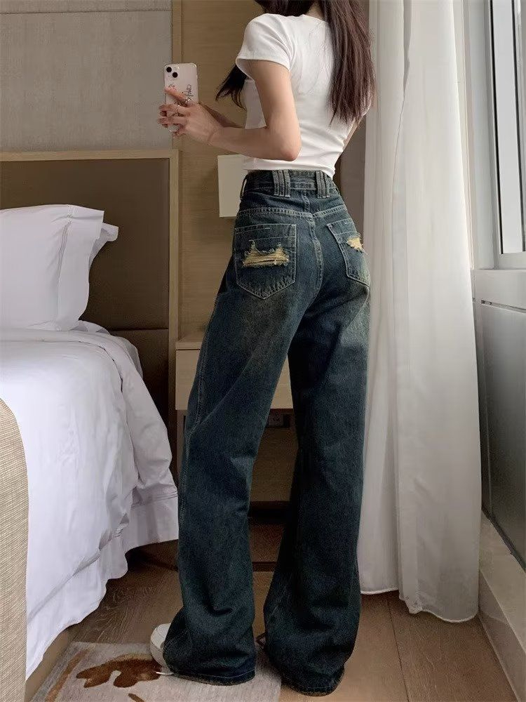 Summer high waist retro embroidery autumn jeans for women