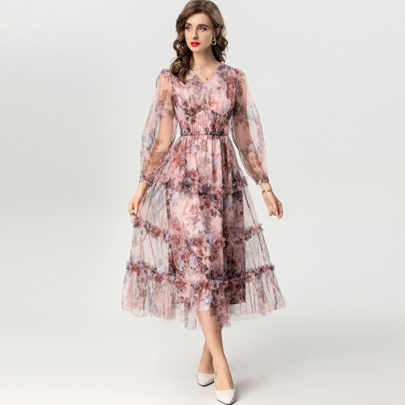 Floral European style dress V-neck formal dress