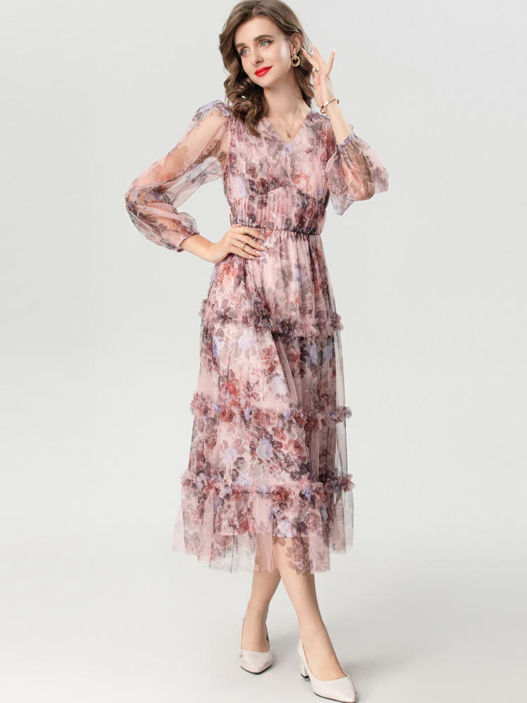 Floral European style dress V-neck formal dress