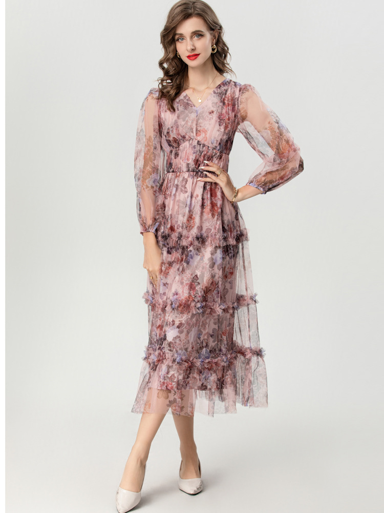 Floral European style dress V-neck formal dress