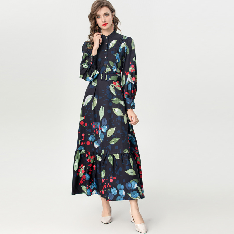 Long sleeve lantern formal dress floral European style dress