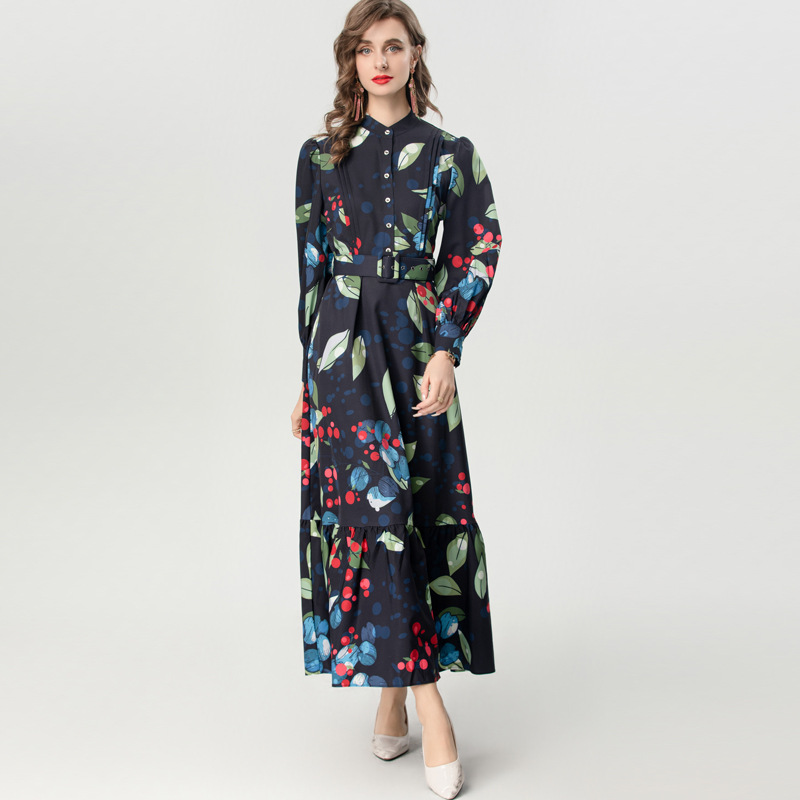 Long sleeve lantern formal dress floral European style dress