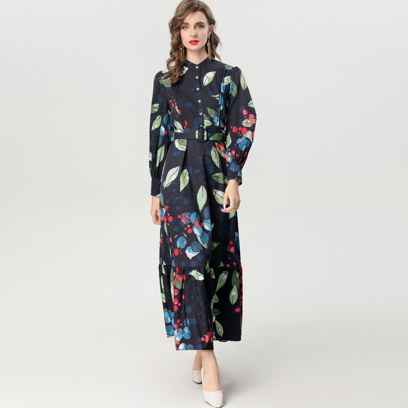 Long sleeve lantern formal dress floral European style dress