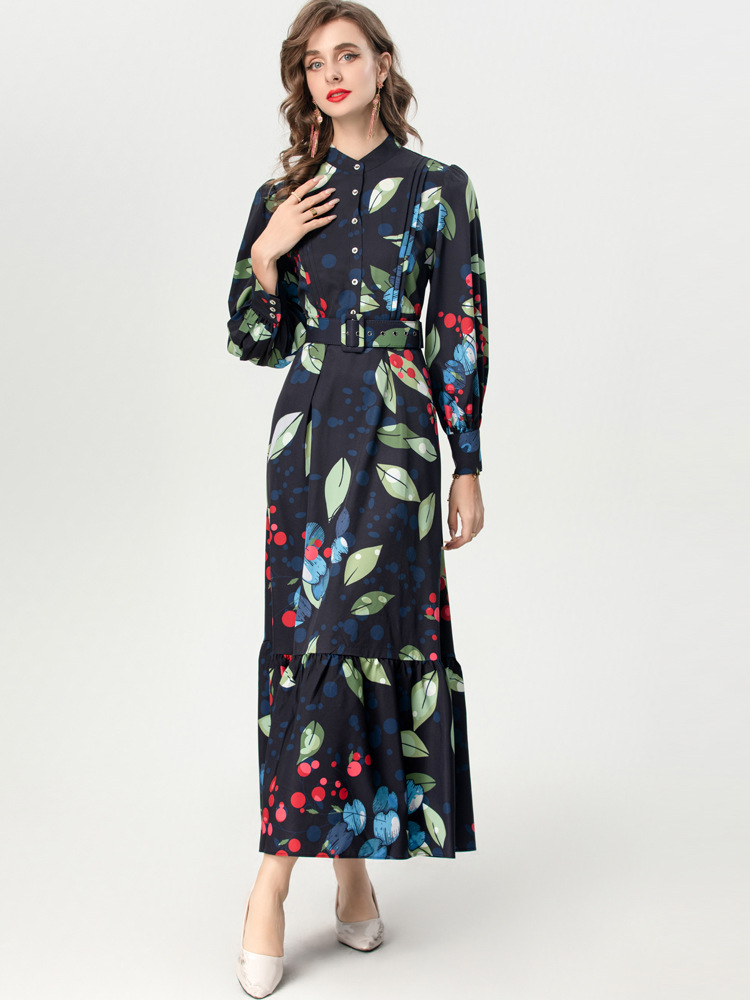 Long sleeve lantern formal dress floral European style dress