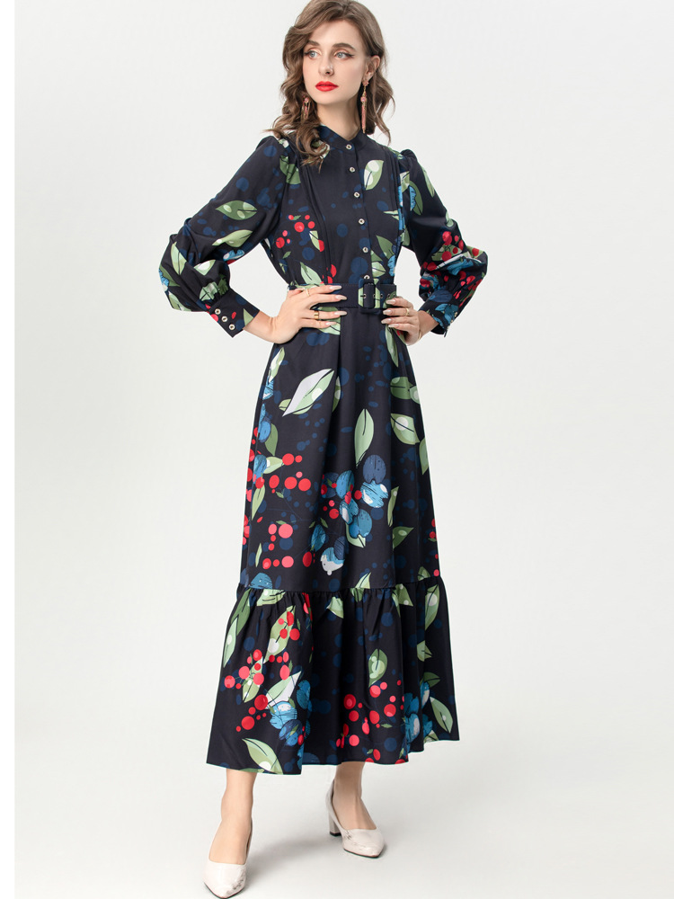 Long sleeve lantern formal dress floral European style dress