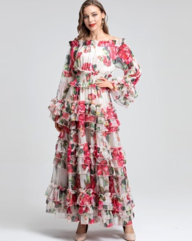 Printing dress trumpet sleeves formal dress for women