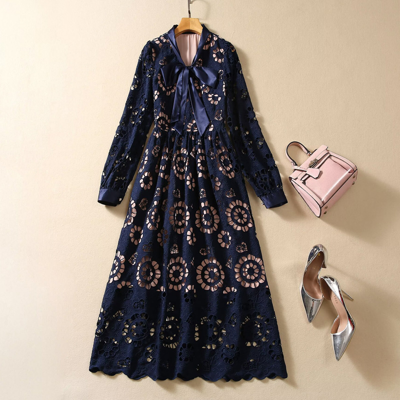 Big skirt long sleeve scarves hollow embroidery dress for women