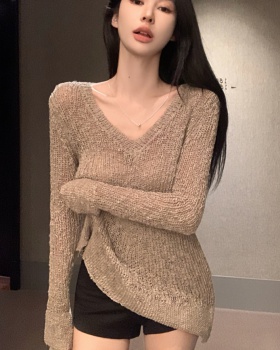 Irregular hem hollow sweater elasticity tops for women