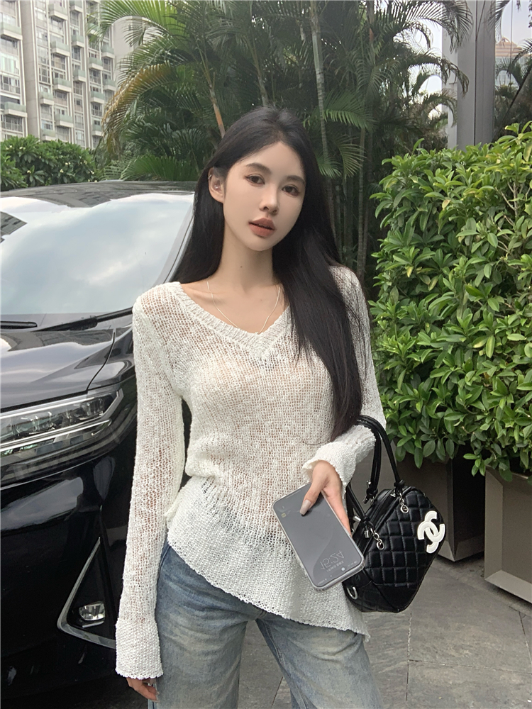 Irregular hem hollow sweater elasticity tops for women