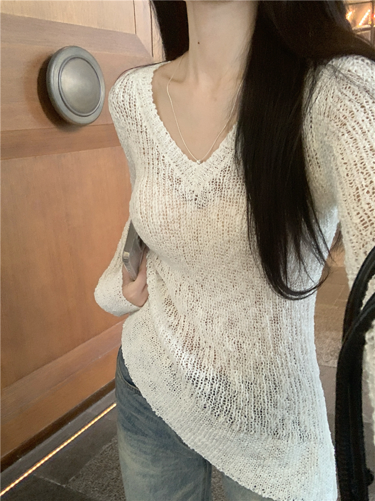 Irregular hem hollow sweater elasticity tops for women