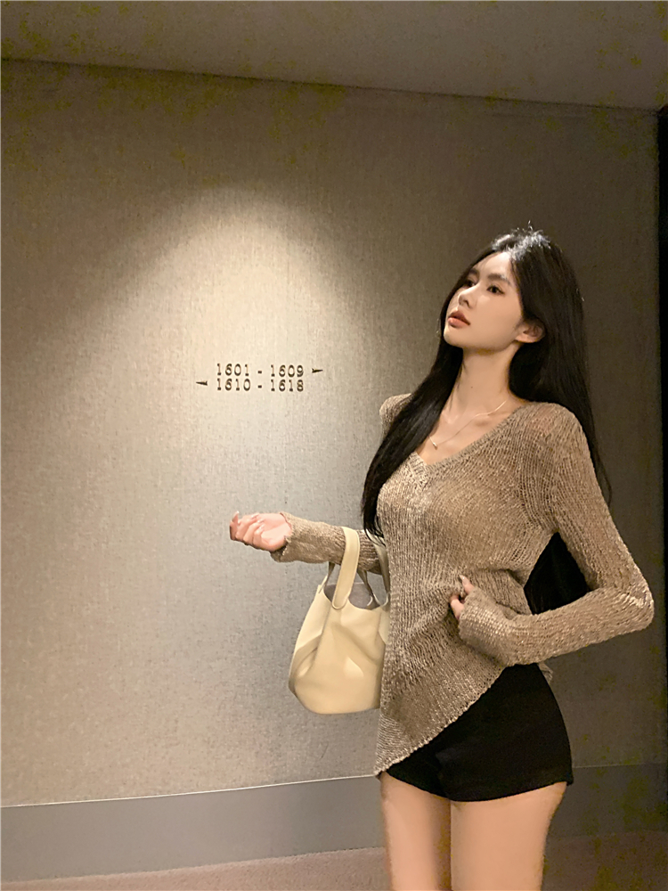 Irregular hem hollow sweater elasticity tops for women