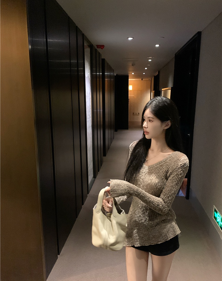 Irregular hem hollow sweater elasticity tops for women