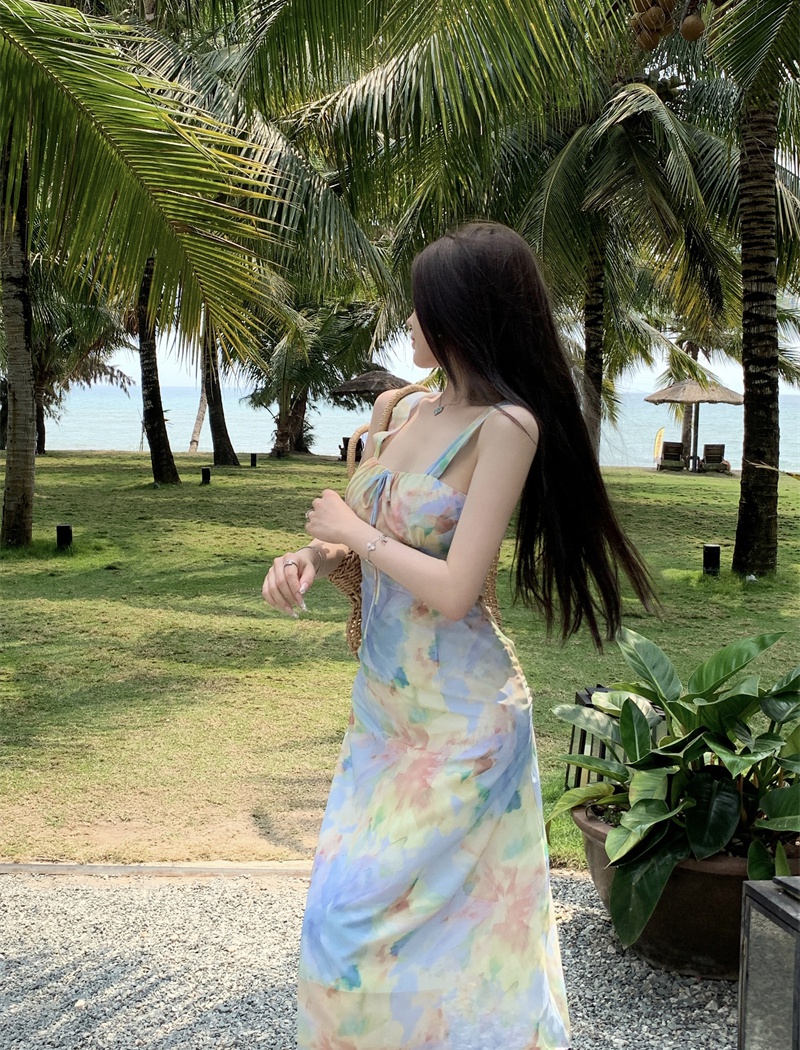 Floral France style tender temperament slim sling long dress