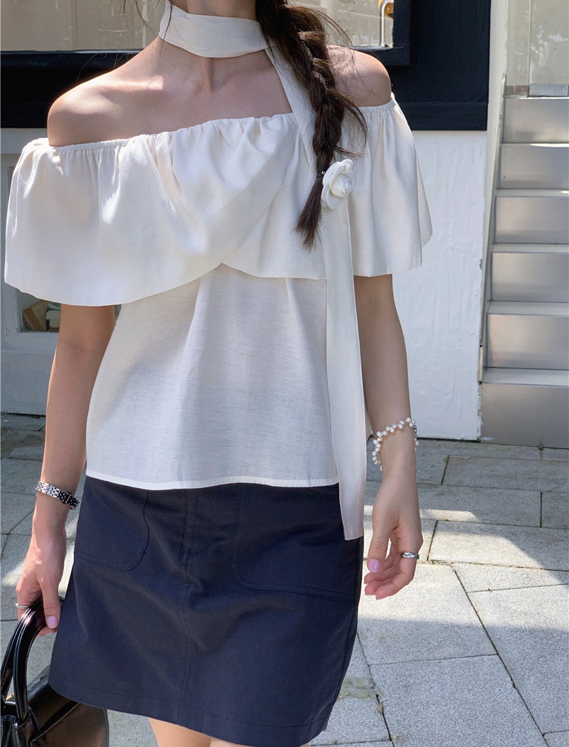 Sweet flat shoulder France style simple shirt