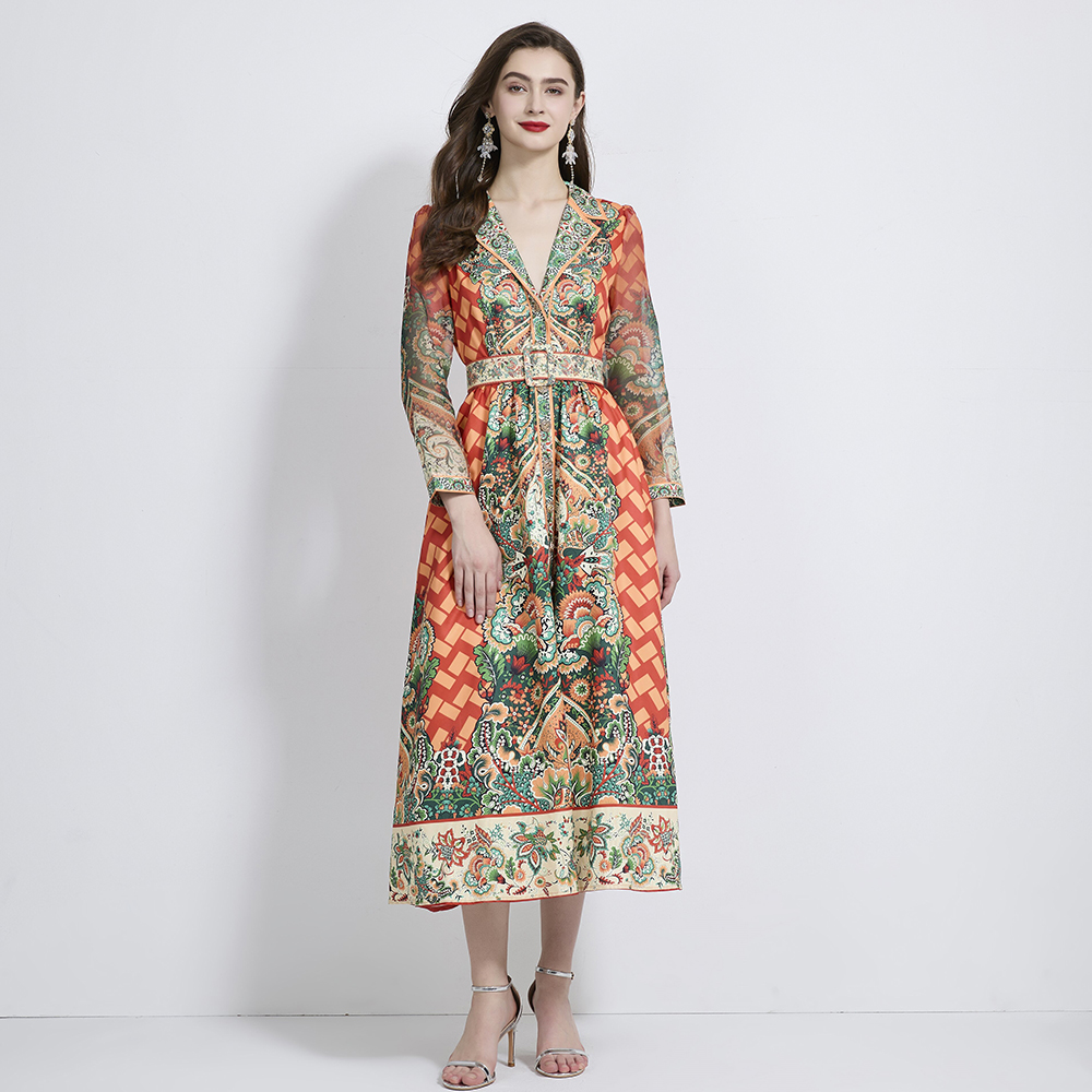 Vacation printing business suit pinched waist dress