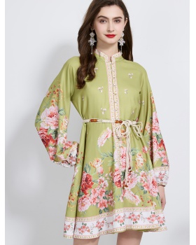 Pinched waist flowers dress lantern sleeve mini T-back