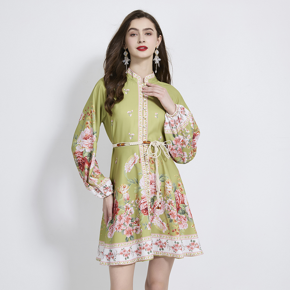 Pinched waist flowers dress lantern sleeve mini T-back