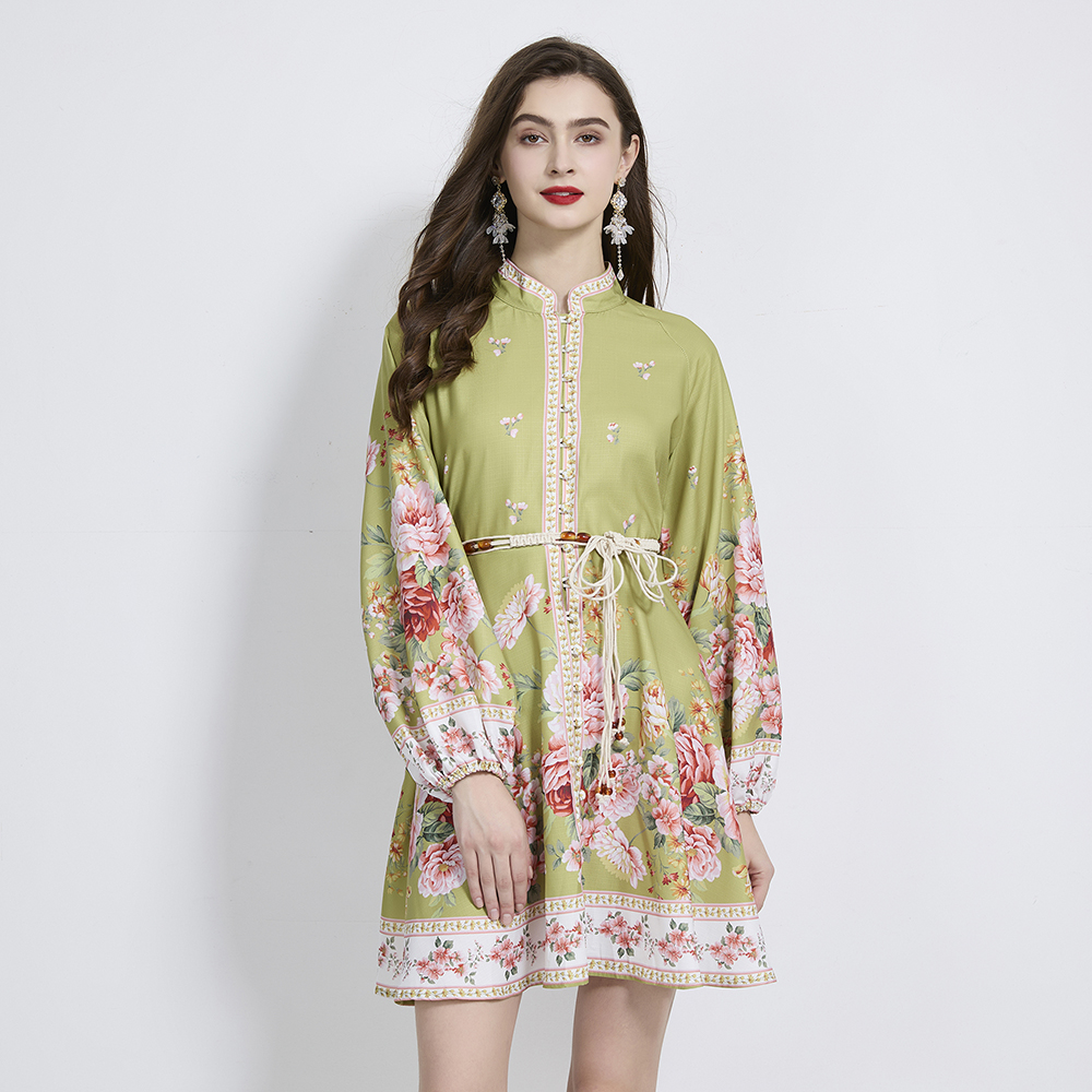 Pinched waist flowers dress lantern sleeve mini T-back