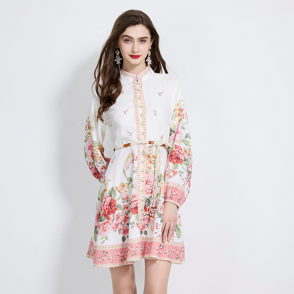 Lantern sleeve pinched waist dress printing cstand collar T-back