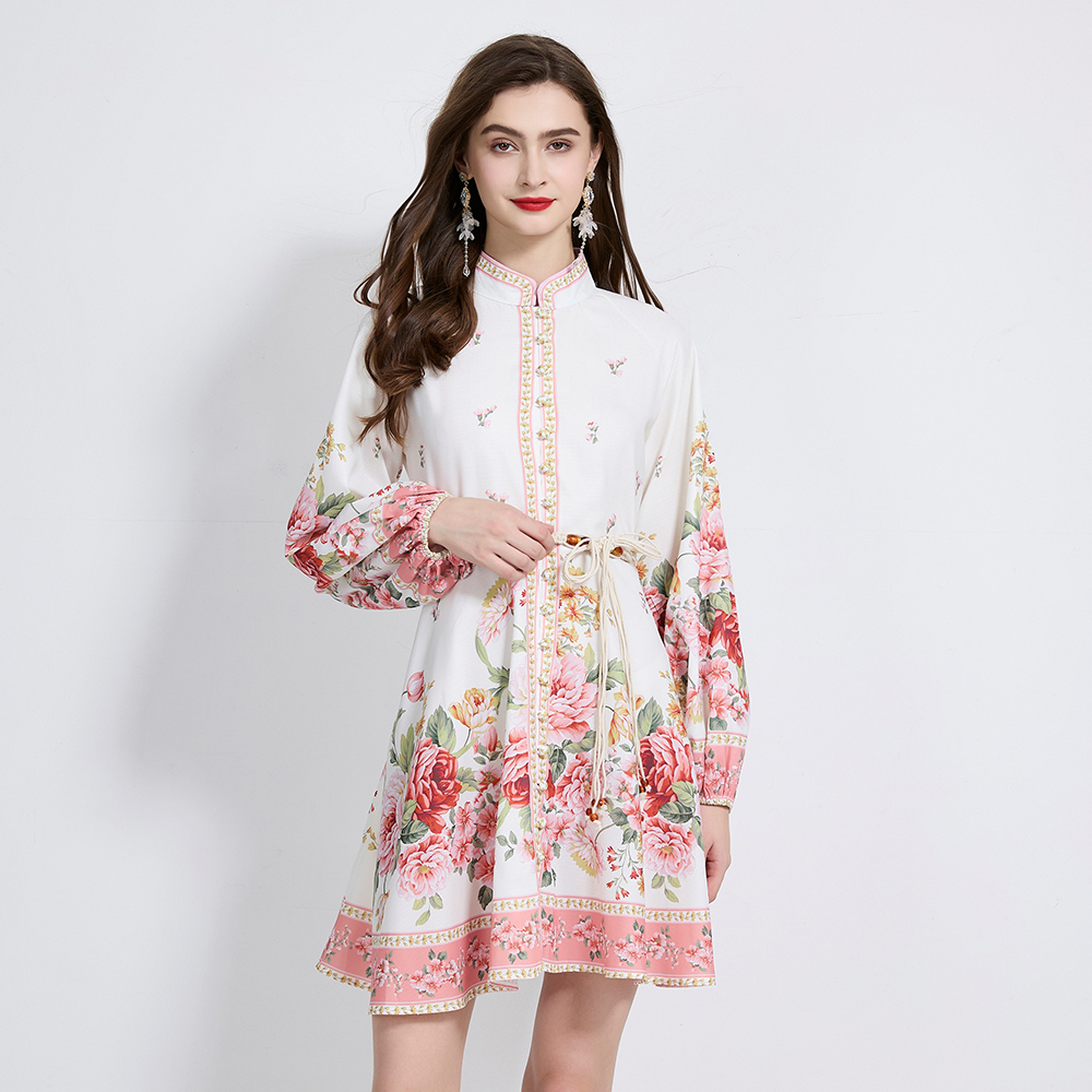 Lantern sleeve pinched waist dress printing cstand collar T-back