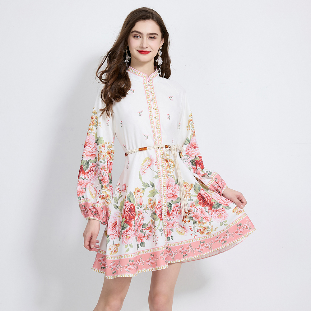 Lantern sleeve pinched waist dress printing cstand collar T-back