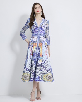 Printing pinched waist business suit retro dress