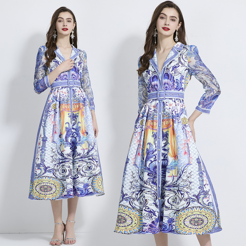 Printing pinched waist business suit retro dress