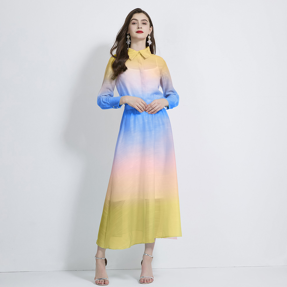 Cstand collar gradient shirt vacation skirt 3pcs set