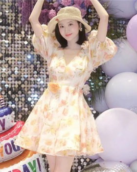 Floral puff sleeve summer pinched waist yellow dress