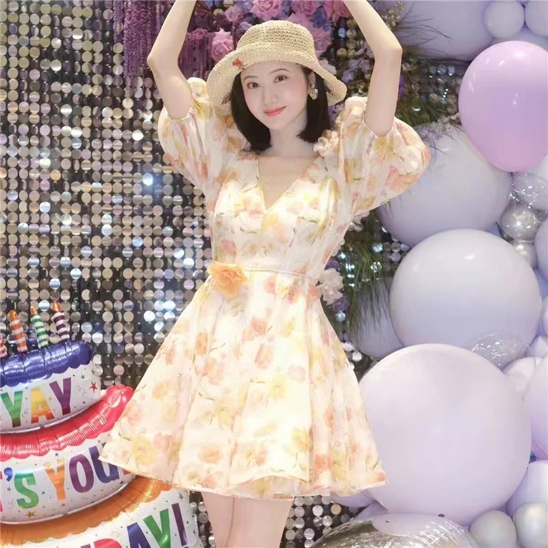 Floral puff sleeve summer pinched waist yellow dress