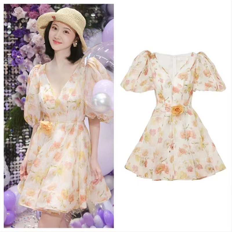 Floral puff sleeve summer pinched waist yellow dress