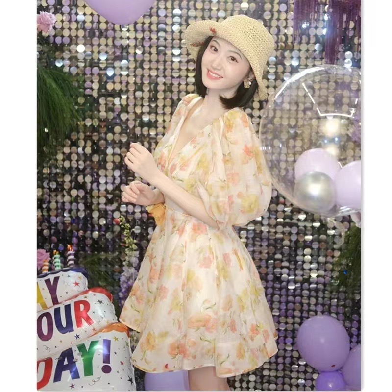 Floral puff sleeve summer pinched waist yellow dress