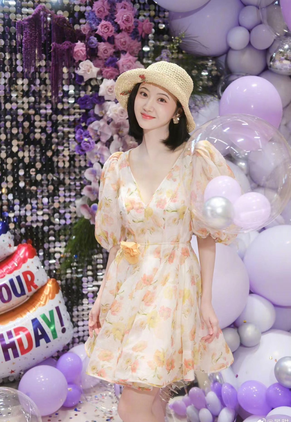 Floral puff sleeve summer pinched waist yellow dress