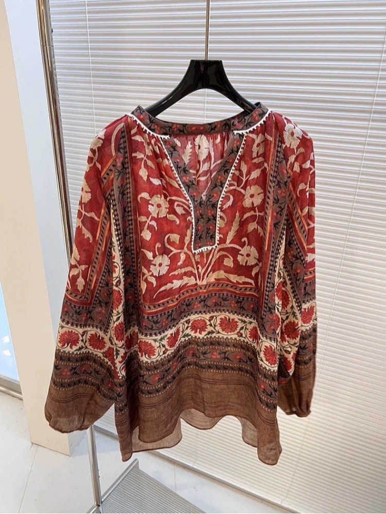 Summer flax red tops show young embroidery shirt