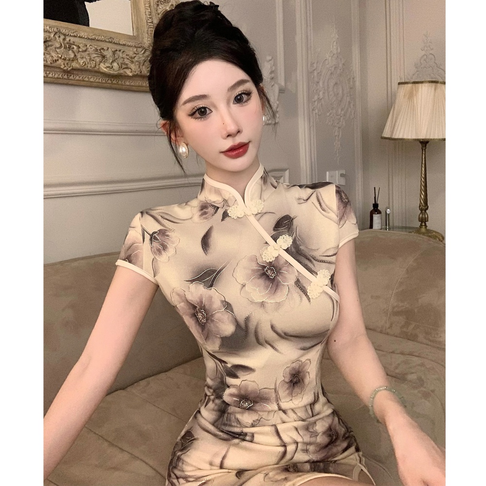 Short sleeve retro bronzing T-back ladies printing cheongsam