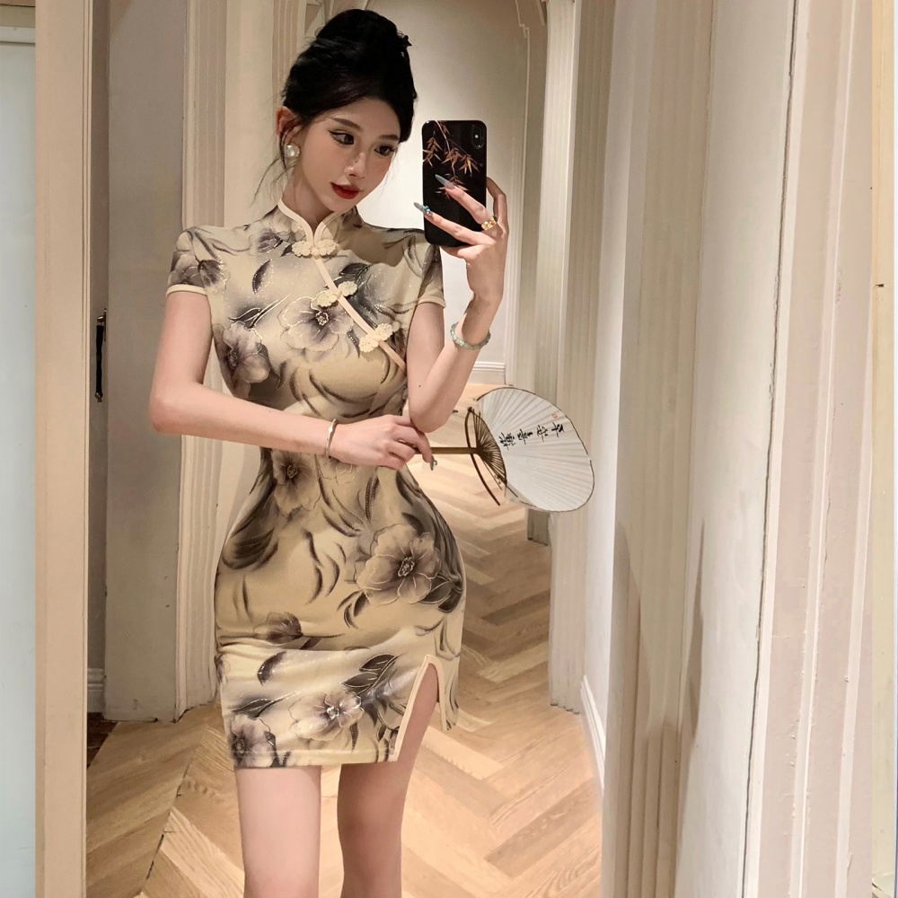 Short sleeve retro bronzing T-back ladies printing cheongsam