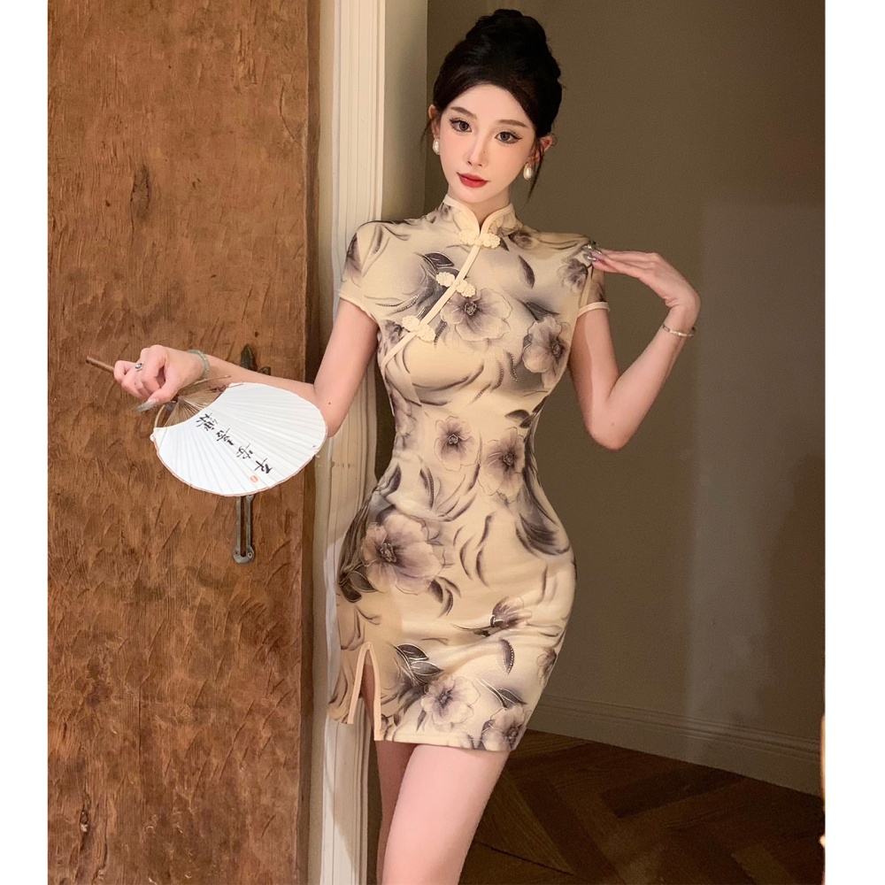 Short sleeve retro bronzing T-back ladies printing cheongsam