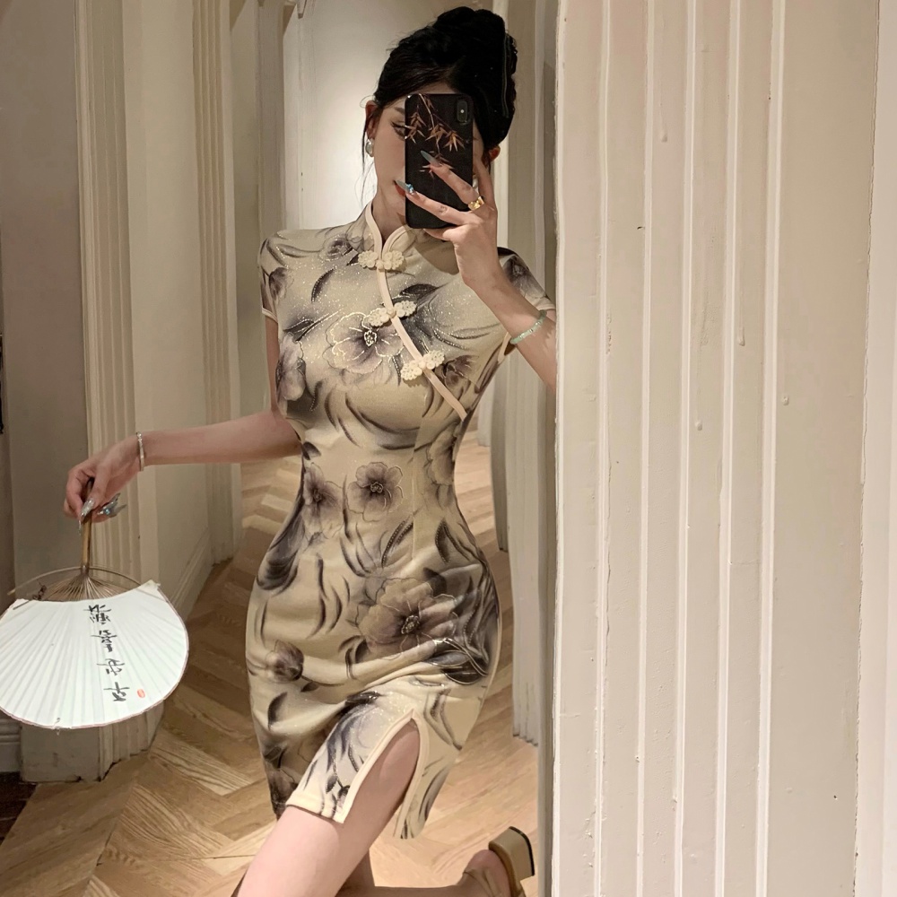 Short sleeve retro bronzing T-back ladies printing cheongsam