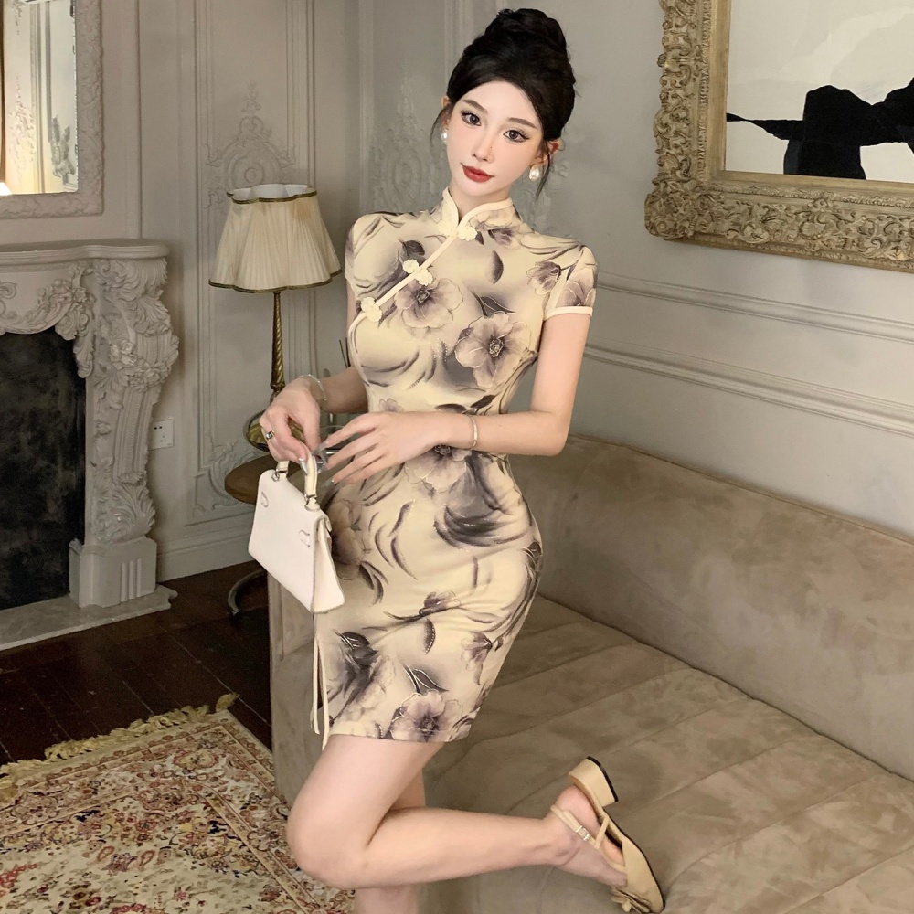 Short sleeve retro bronzing T-back ladies printing cheongsam