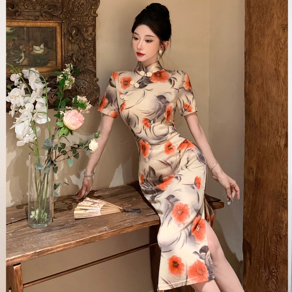 Cstand collar Chinese style dress bronzing ink cheongsam