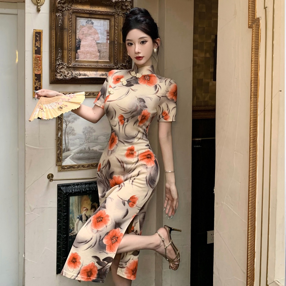 Cstand collar Chinese style dress bronzing ink cheongsam