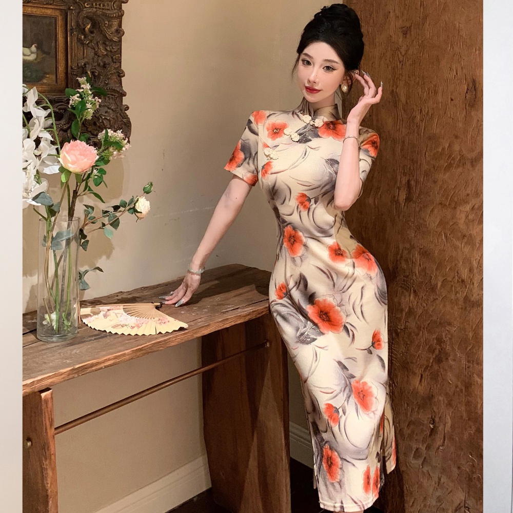 Cstand collar Chinese style dress bronzing ink cheongsam