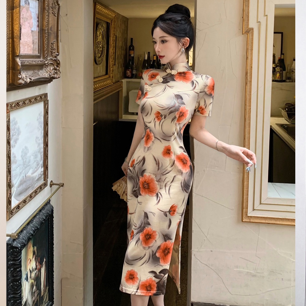 Cstand collar Chinese style dress bronzing ink cheongsam