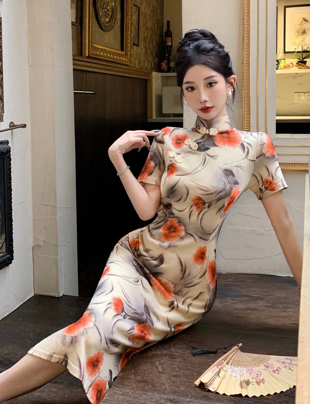 Cstand collar Chinese style dress bronzing ink cheongsam