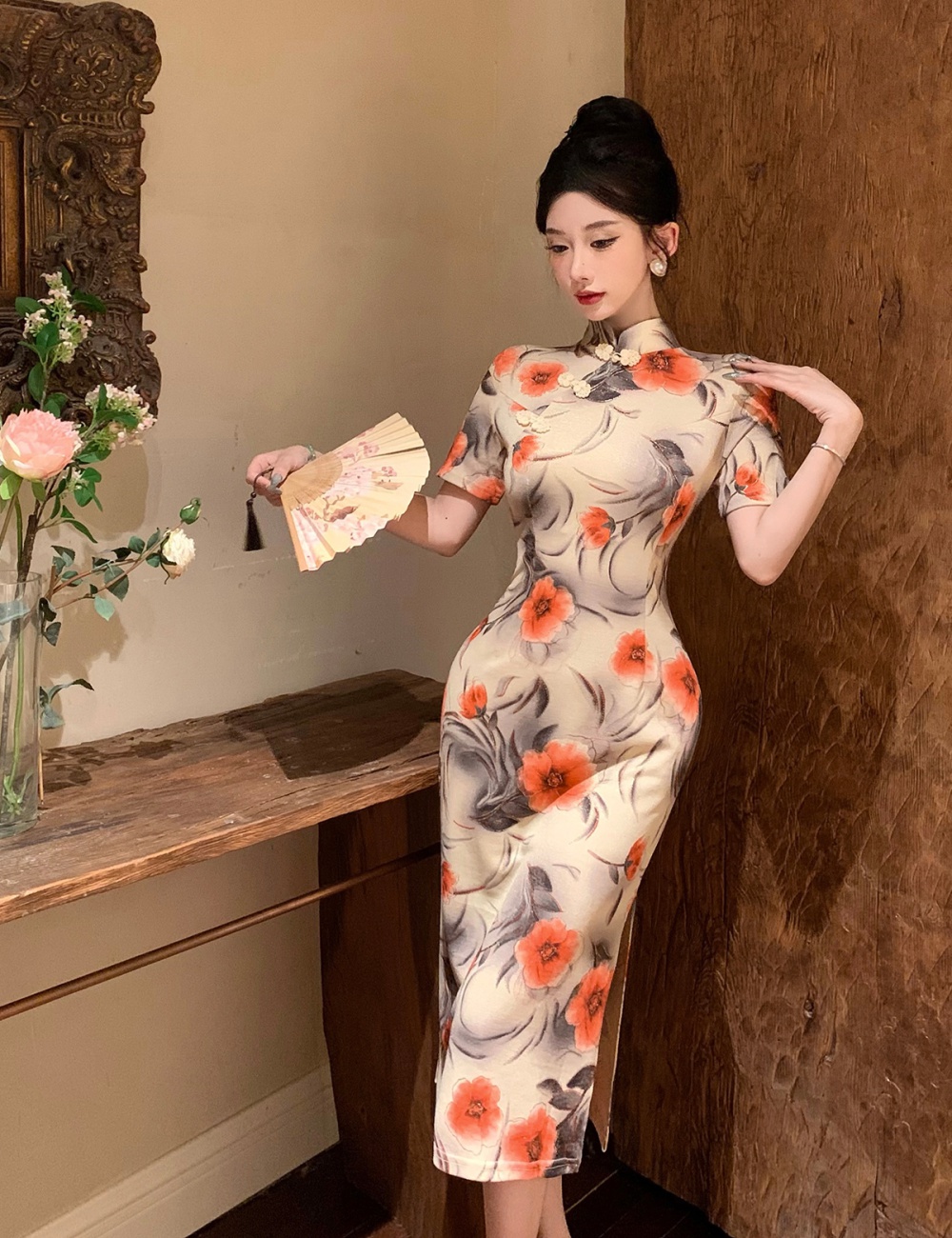 Cstand collar Chinese style dress bronzing ink cheongsam