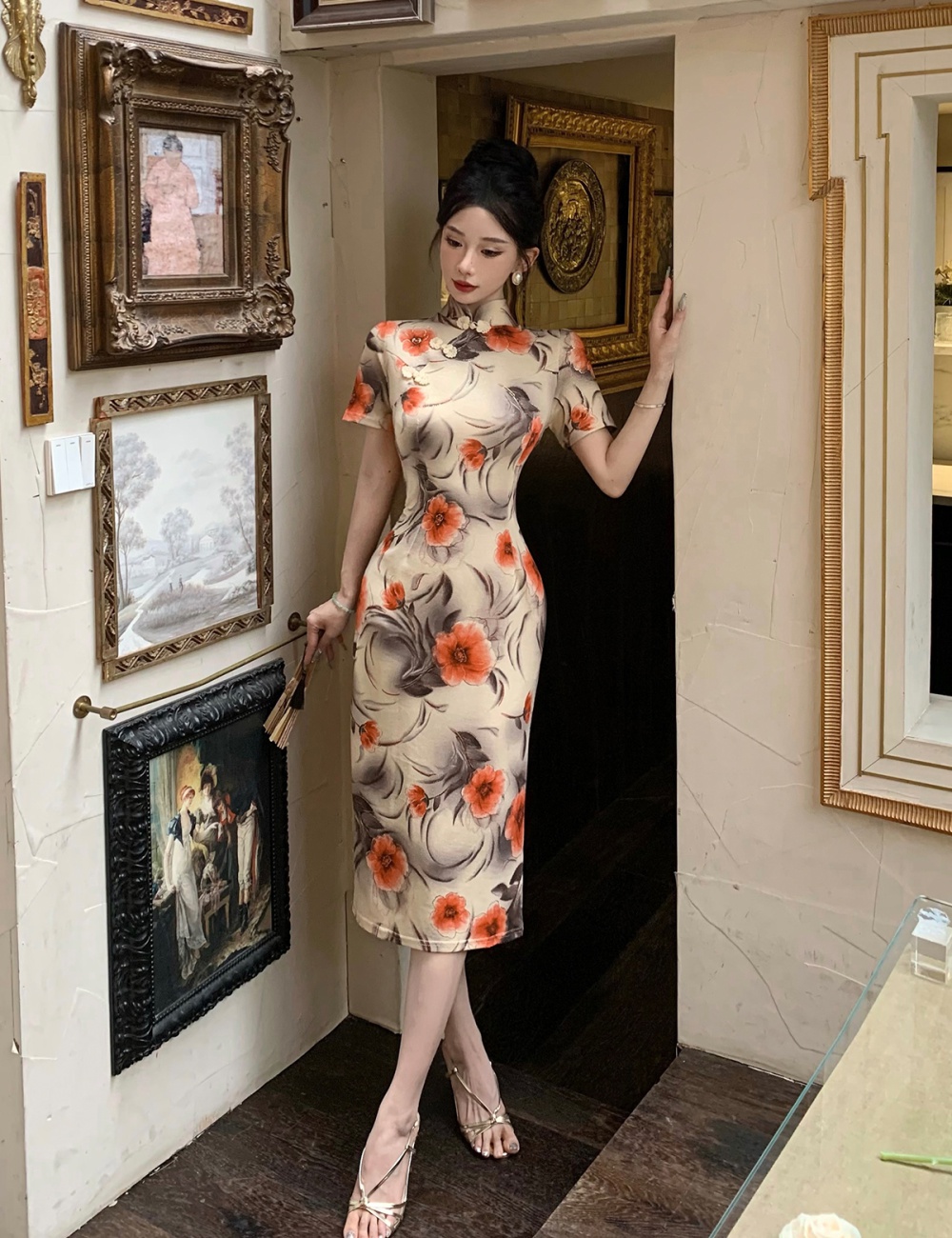 Cstand collar Chinese style dress bronzing ink cheongsam