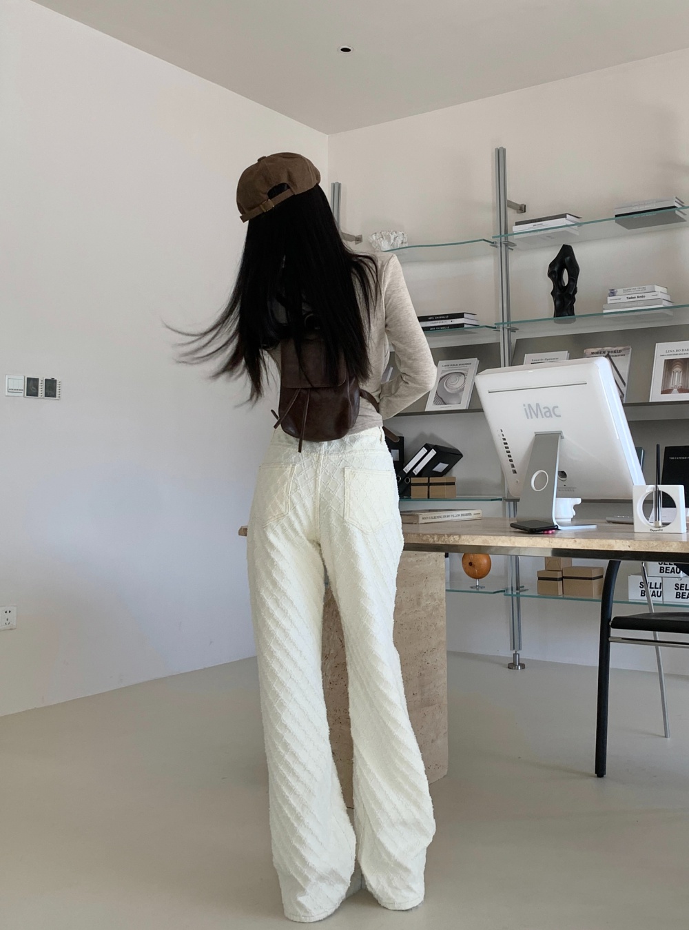 White mopping casual pants jacquard loose jeans