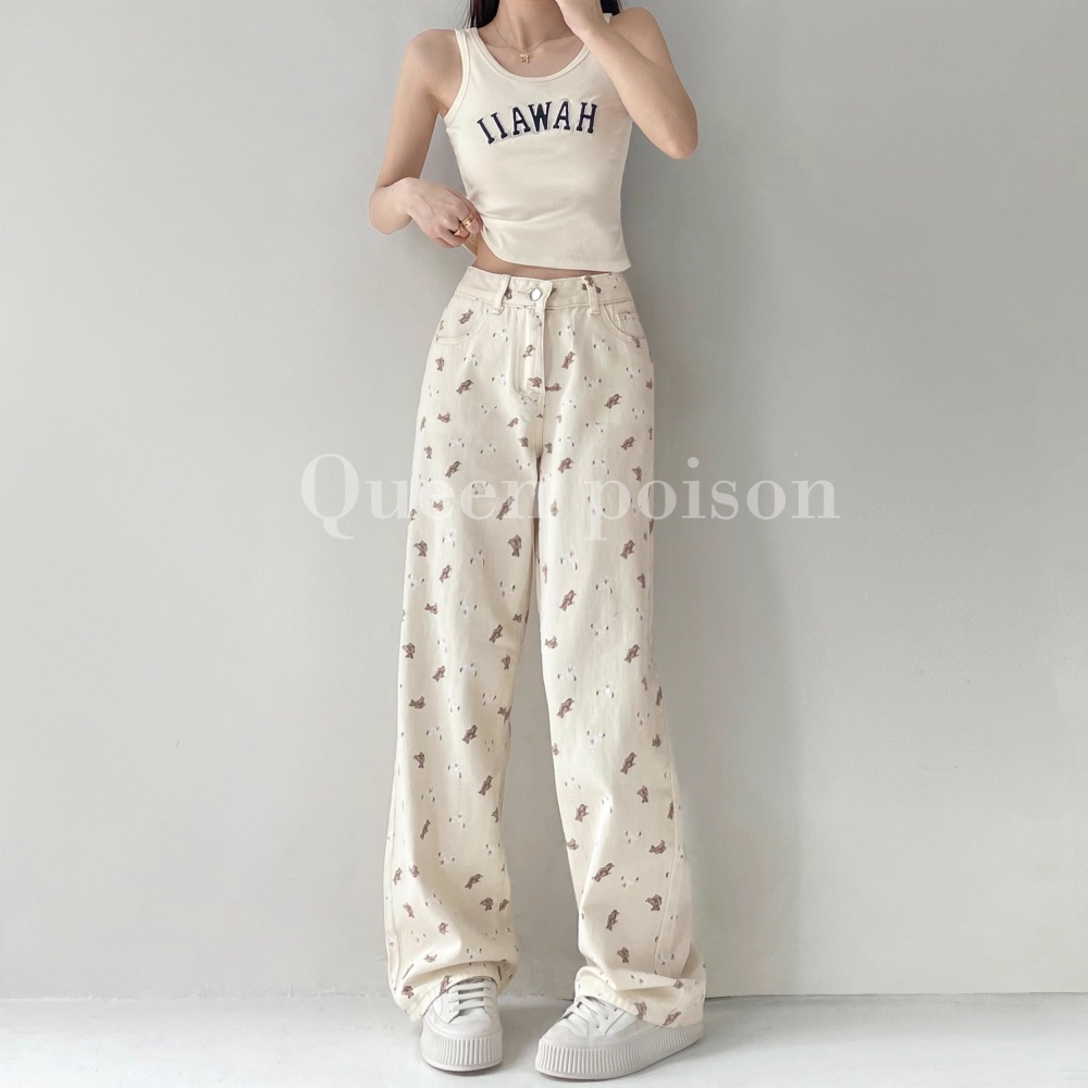 White cubs niche pants wide leg embroidery loose jeans