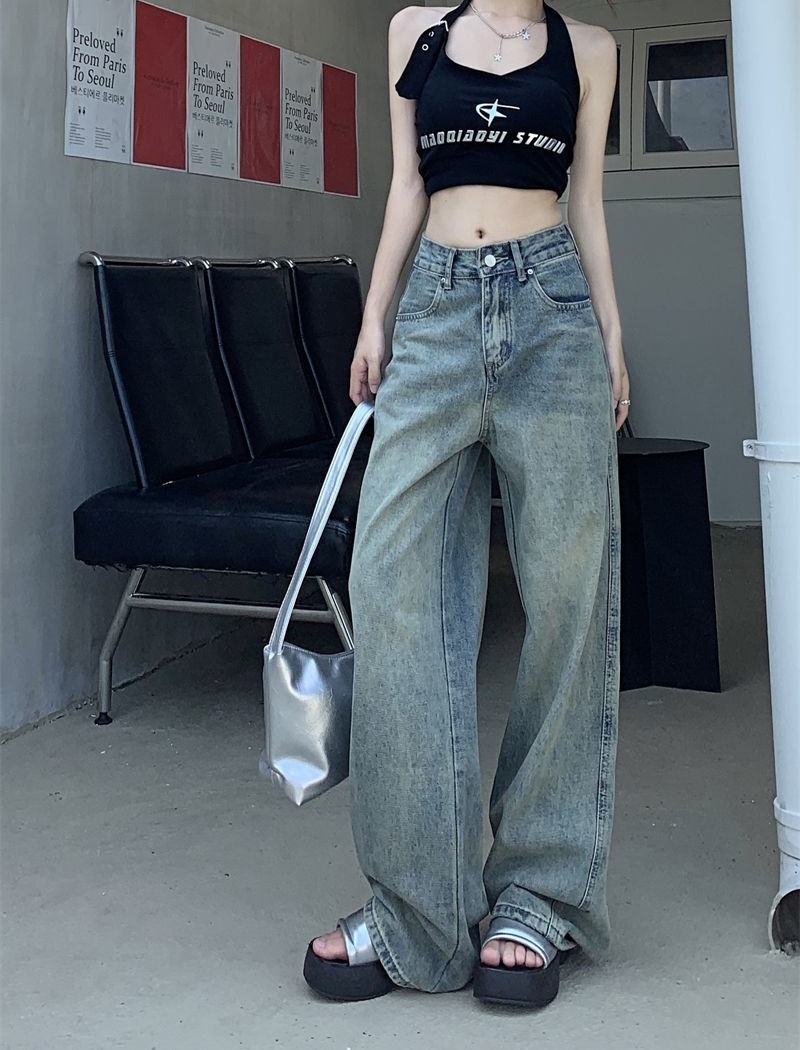 Mopping retro jeans wide leg high waist long pants for women