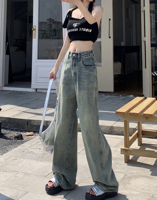 Mopping retro jeans wide leg high waist long pants for women